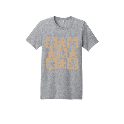 Gingerbread Holiday Apparel design on adult tee in gray, front view.