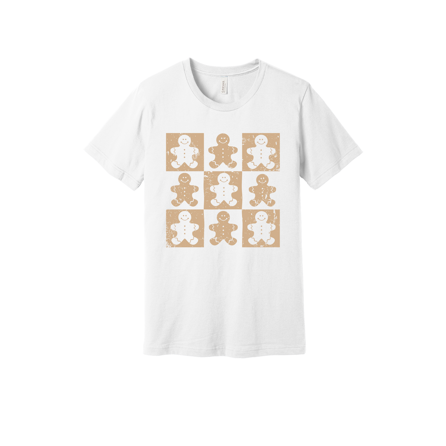 Gingerbread Holiday Apparel design on adult tee in white, front view.