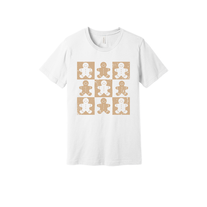 Gingerbread Holiday Apparel design on adult tee in white, front view.