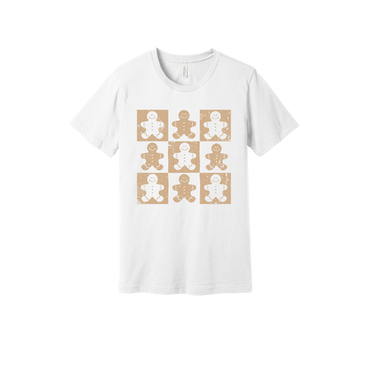 Gingerbread Holiday Apparel design on adult tee in white, front view.