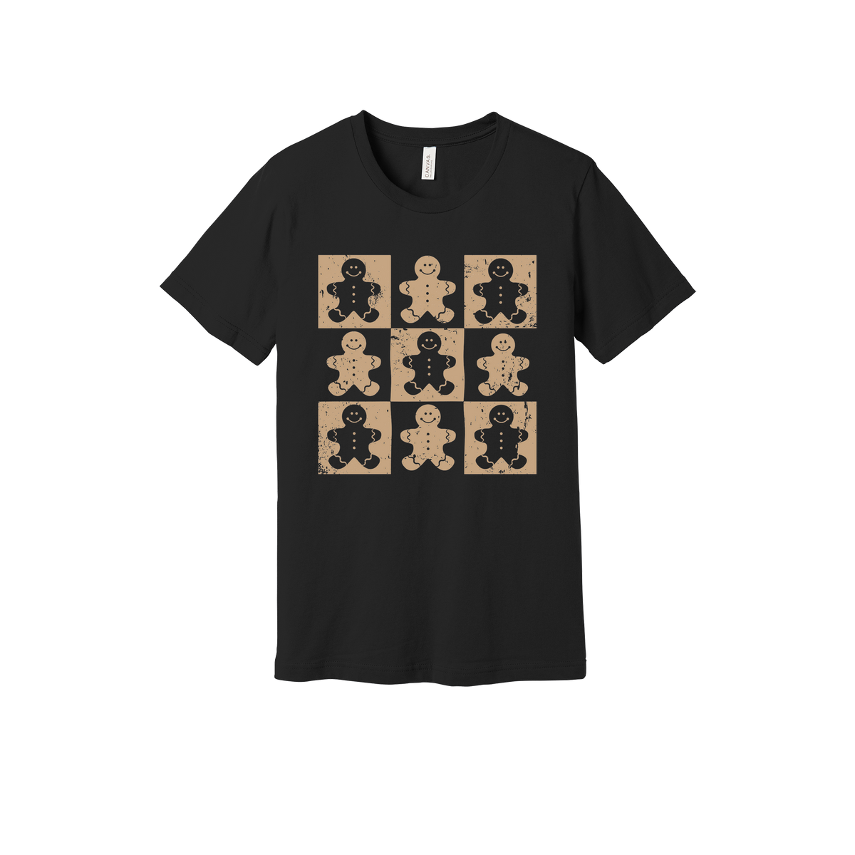 Gingerbread Holiday Apparel design on generic tee presentation in black, front view.