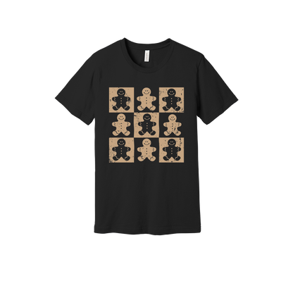 Gingerbread Holiday Apparel design on generic tee presentation in black, front view.