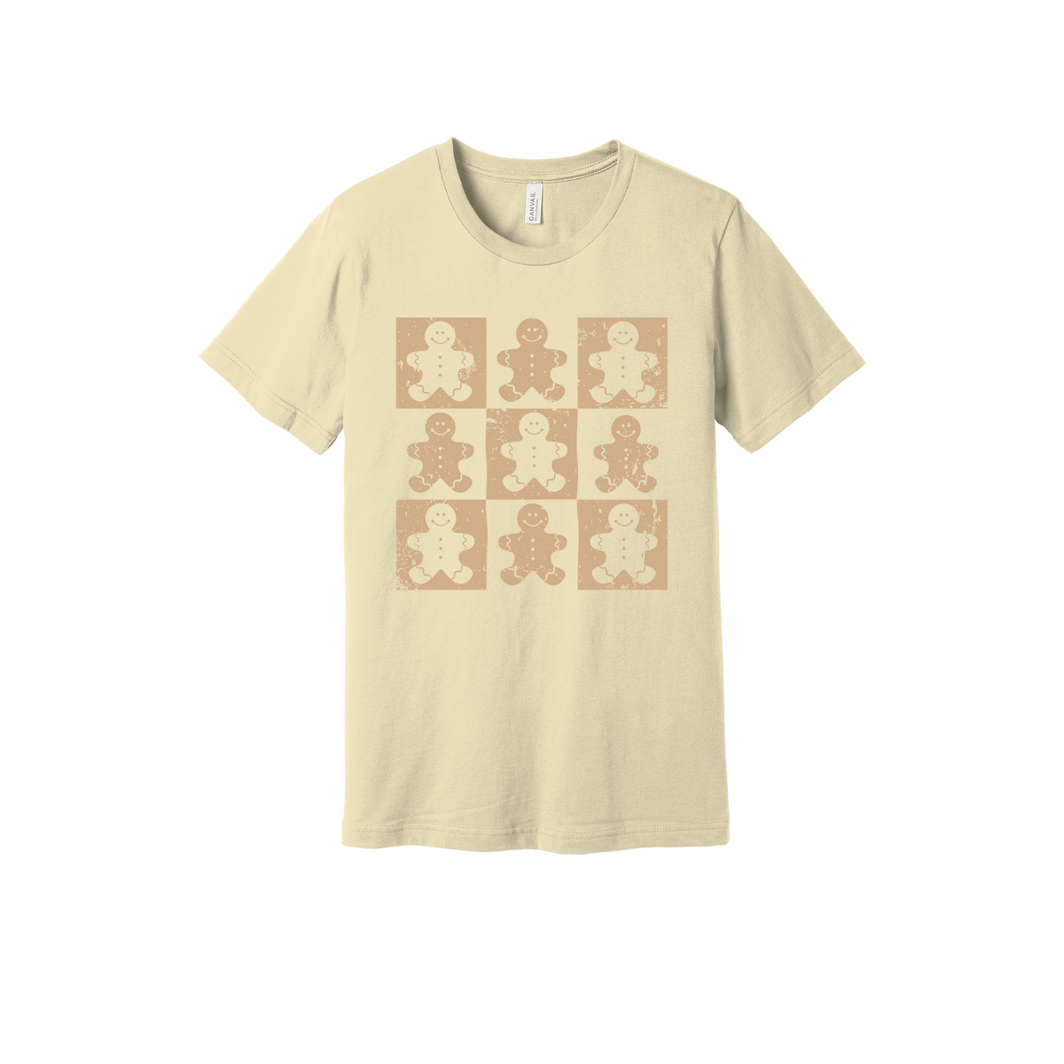 Gingerbread Holiday Apparel design on generic tee presentation in tan, front view.