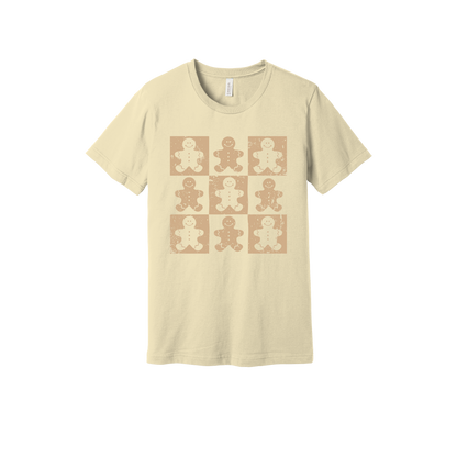 Gingerbread Holiday Apparel design on generic tee presentation in tan, front view.