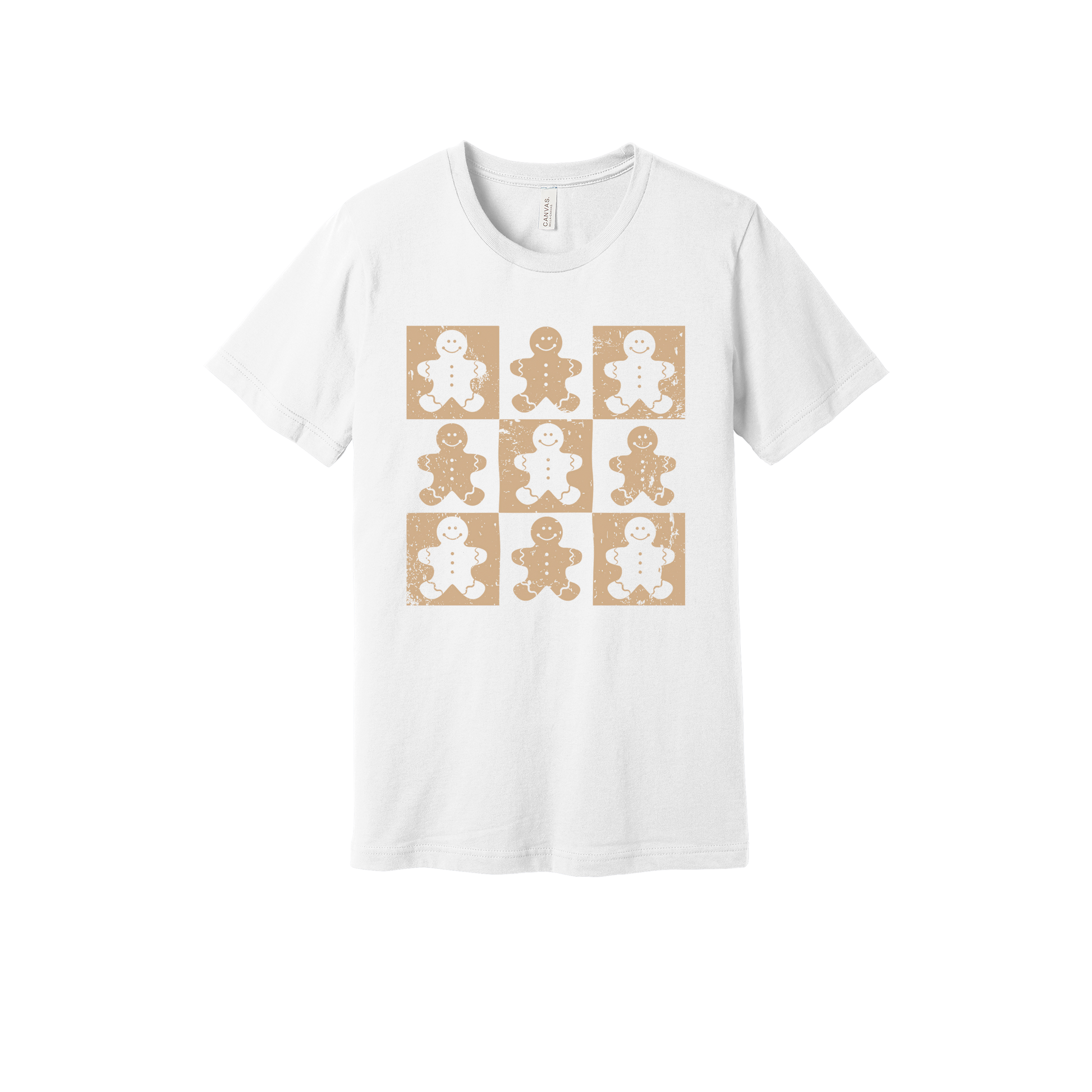 Gingerbread Holiday Apparel design on generic tee presentation in white, front view.