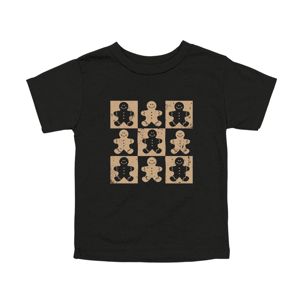 Gingerbread Holiday Apparel design on toddler tee in black, front view.