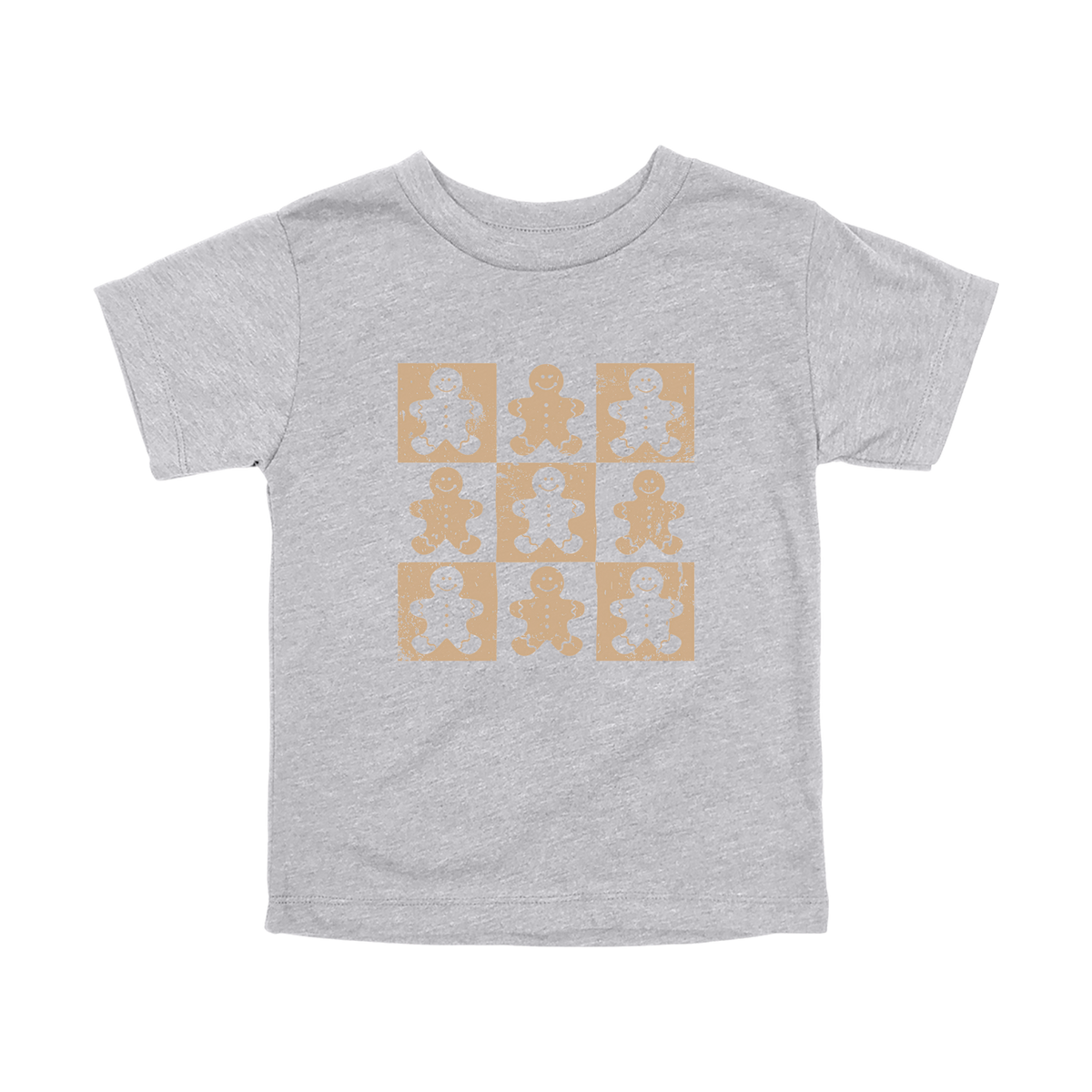 Gingerbread Holiday Apparel design on toddler tee in gray, front view.