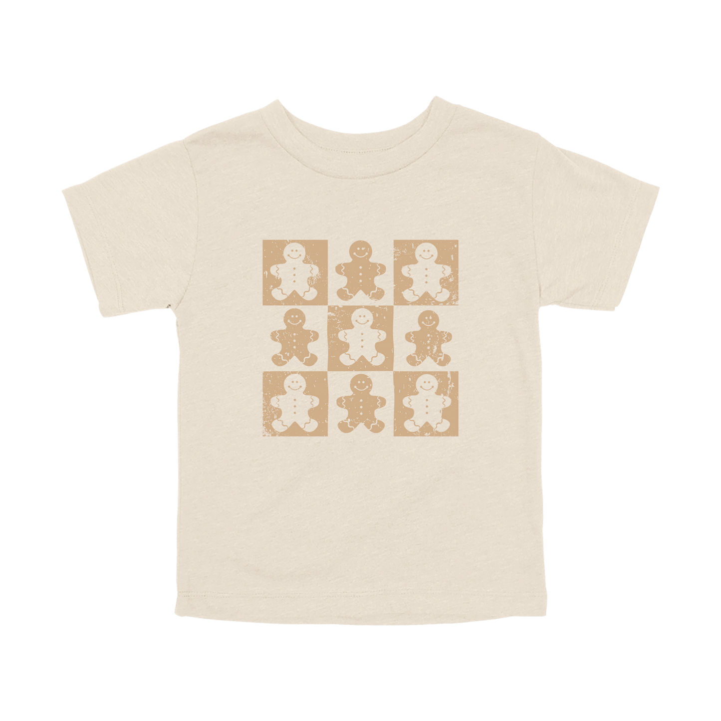 Gingerbread Holiday Apparel design on toddler tee in tan, front view.