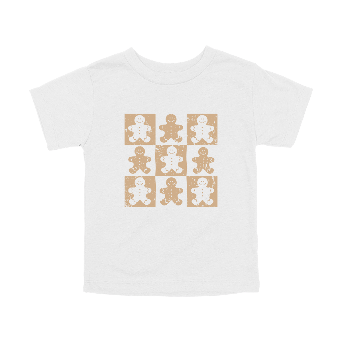 Gingerbread Holiday Apparel design on toddler tee in white, front view.