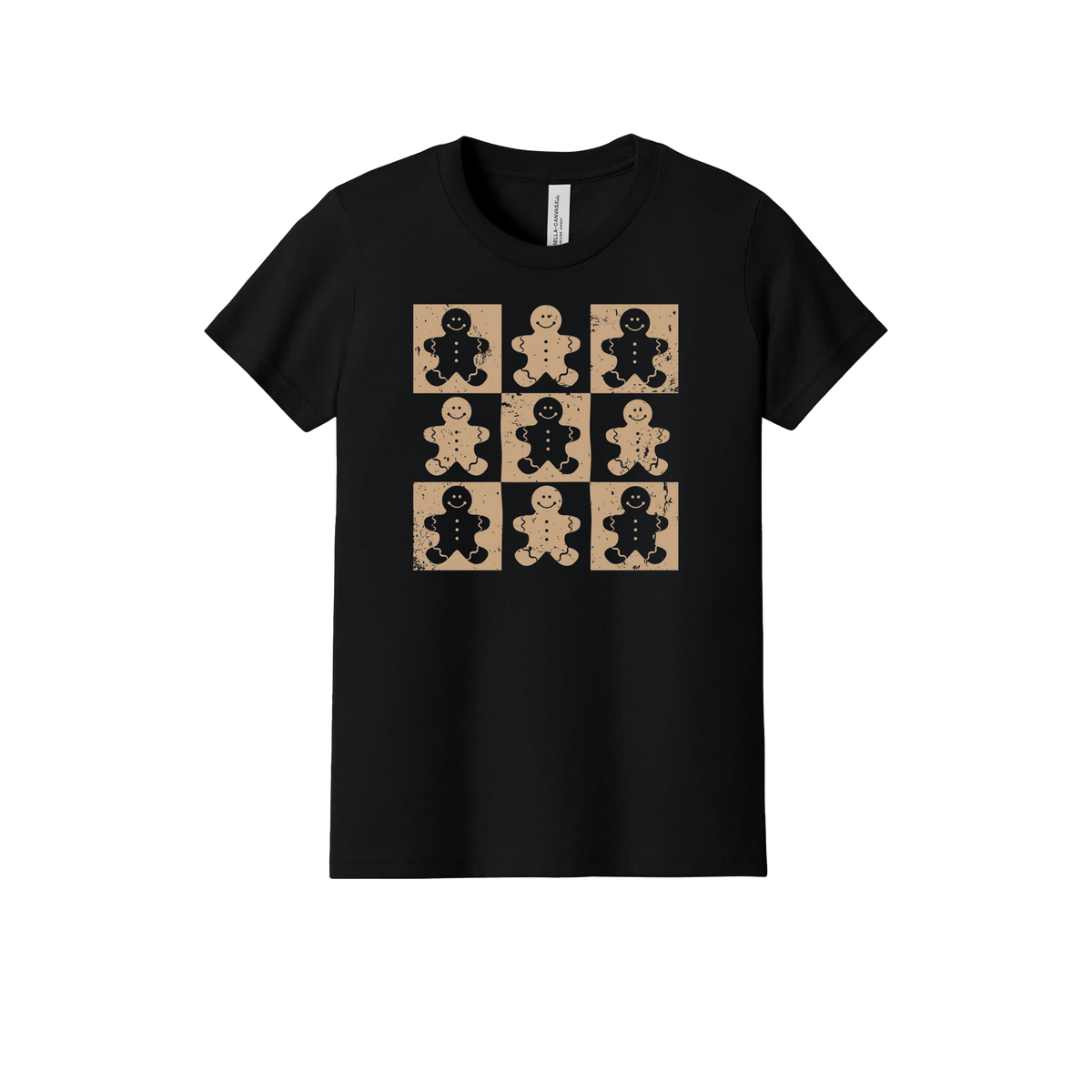 Gingerbread Apparel design on official Youth Bella+Canvas T-shirt in Black, front view.