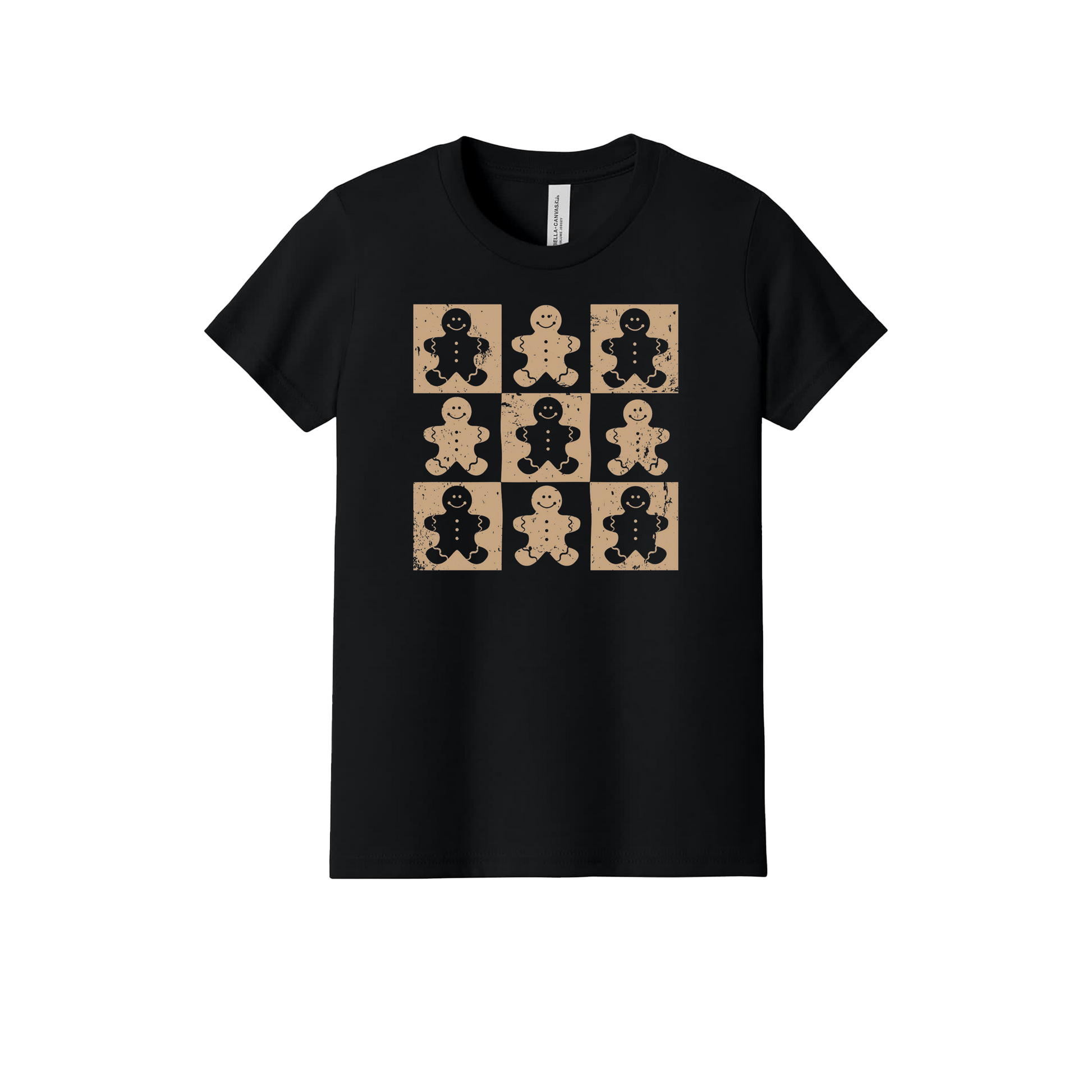 Gingerbread Apparel design on official Youth Bella+Canvas T-shirt in Black, front view.
