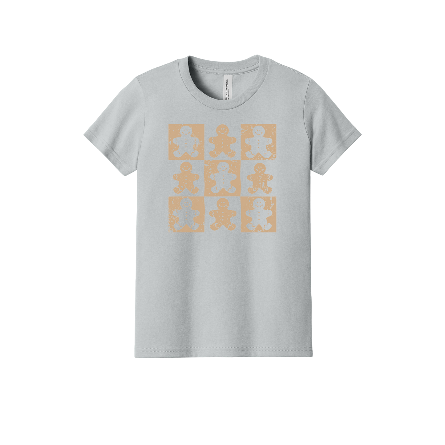 Gingerbread Holiday Apparel design on youth tee in gray, front view.