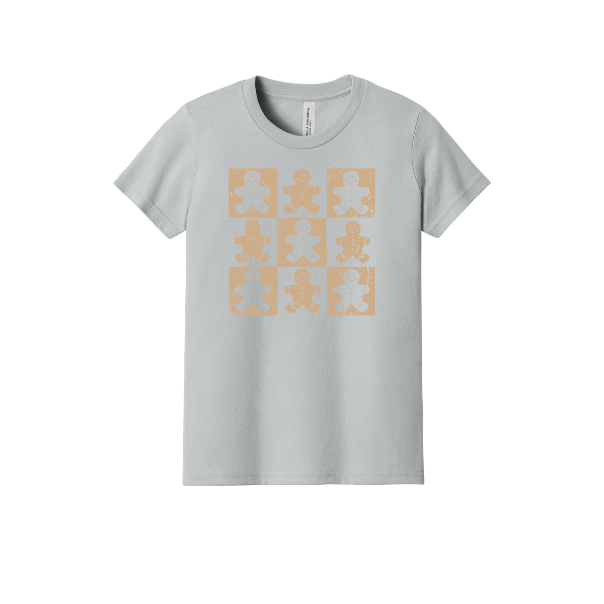Gingerbread Holiday Apparel design on youth tee in gray, front view.