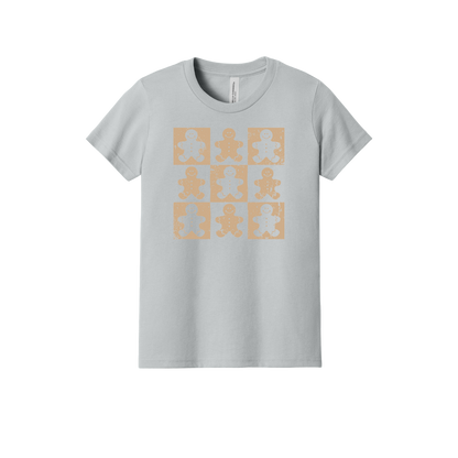 Gingerbread Holiday Apparel design on youth tee in gray, front view.