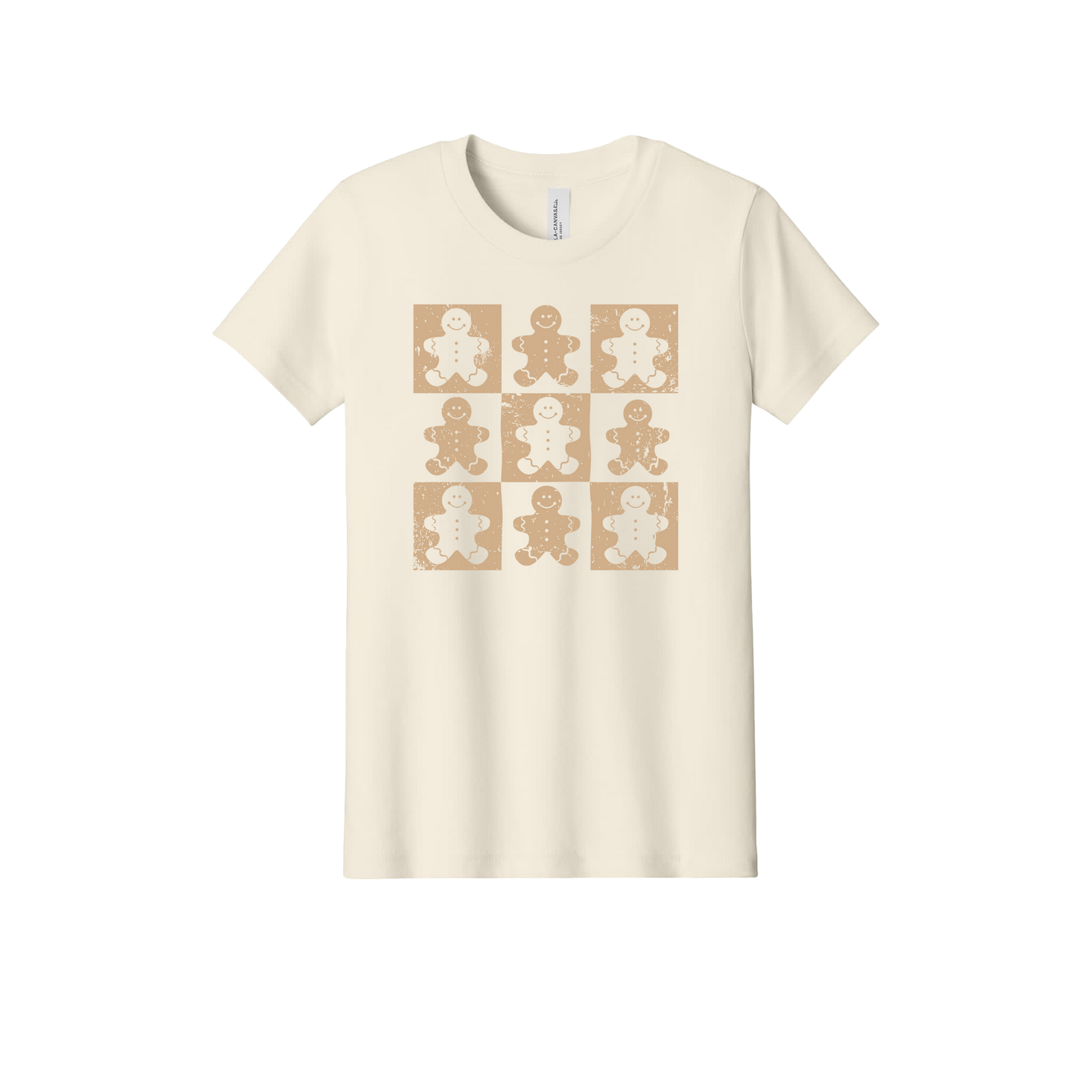 Gingerbread Apparel design on official Youth Bella+Canvas T-shirt in Natural, front view.