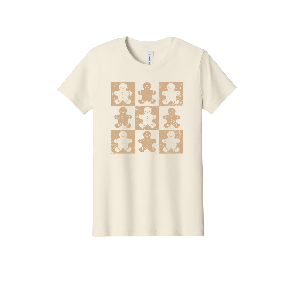 Gingerbread Apparel design on official Youth Bella+Canvas T-shirt in Natural, front view.