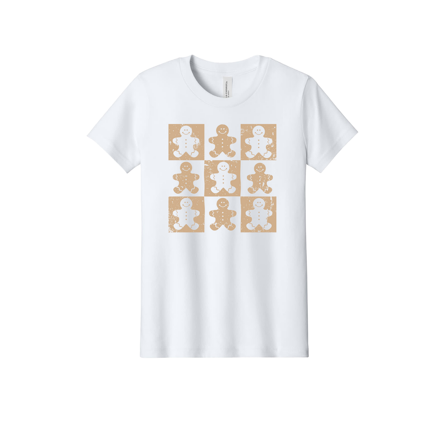 Gingerbread Apparel design on official Youth Bella+Canvas T-shirt in White, front view.