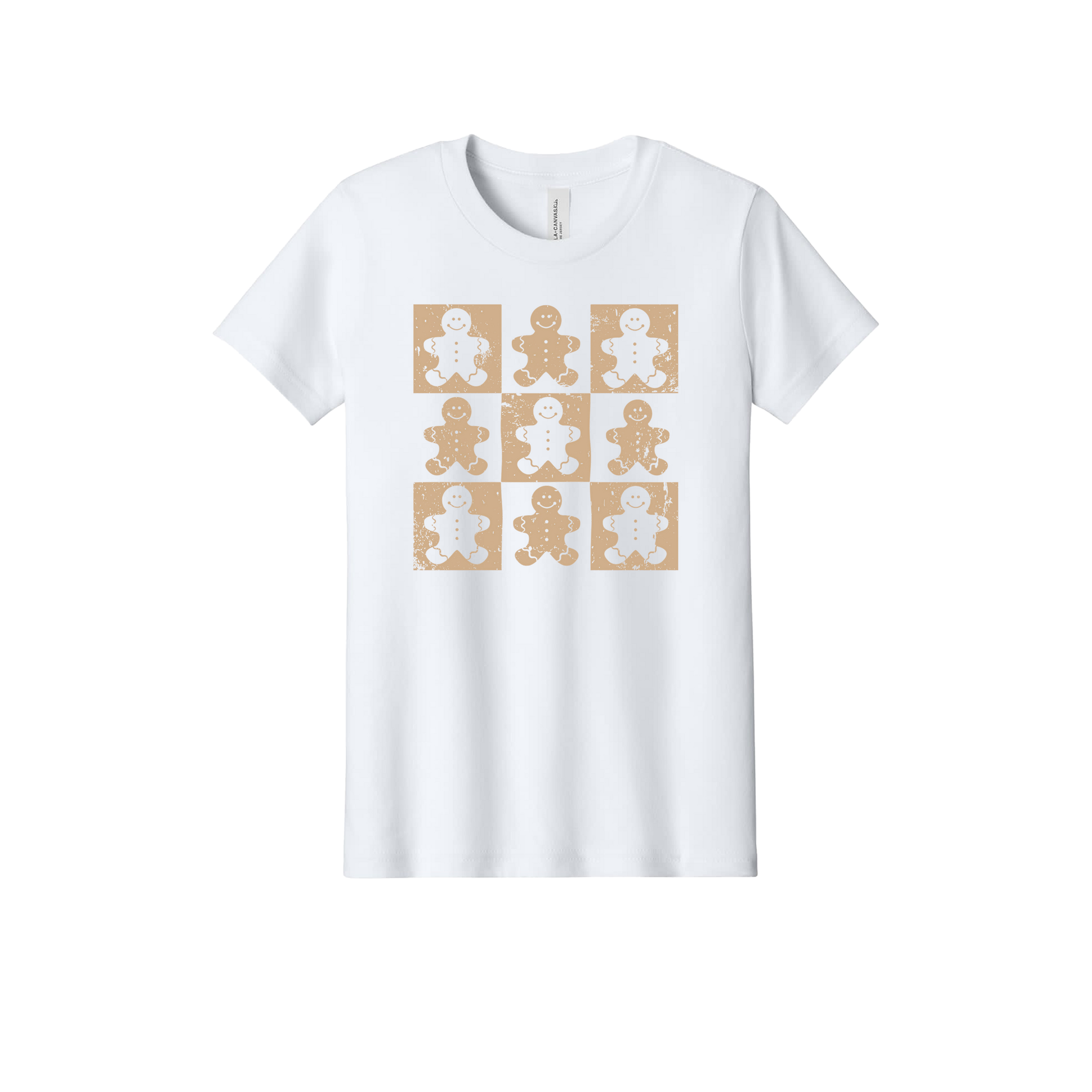 Gingerbread Apparel design on official Youth Bella+Canvas T-shirt in White, front view.