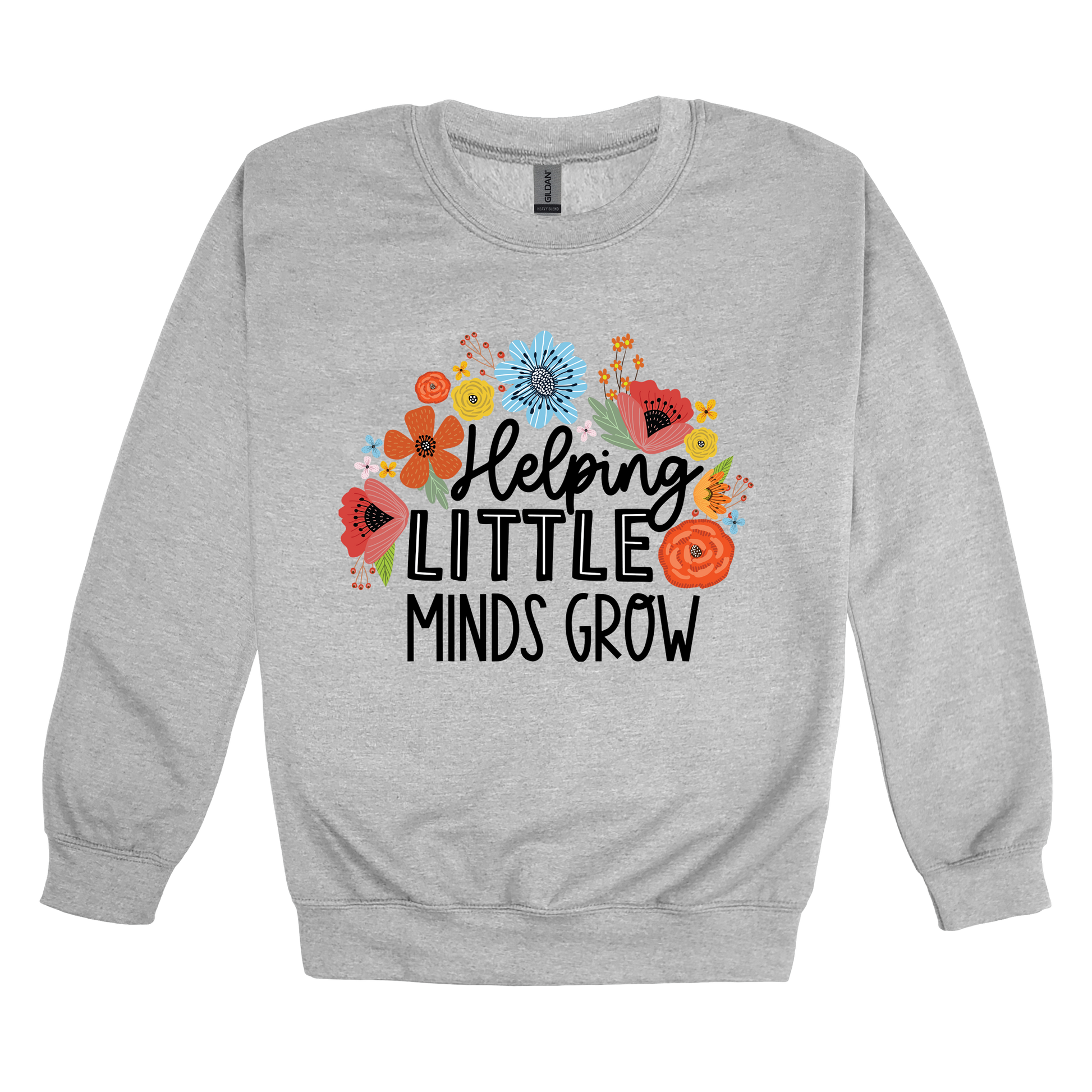Helping Little Minds Grow Apparel design on adult crewneck in gray, front view.