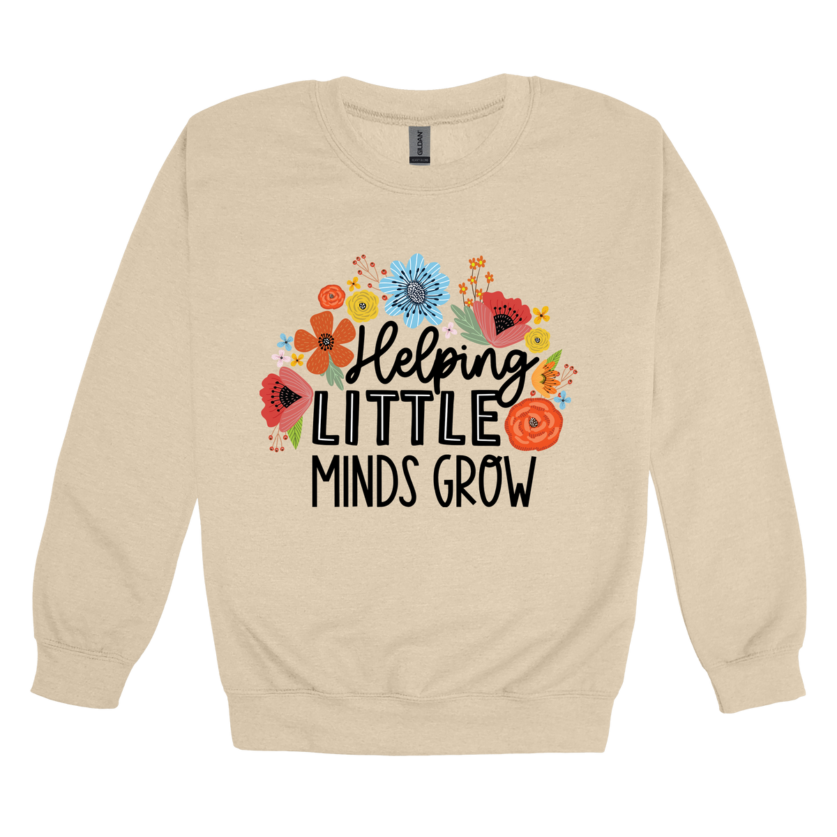 Helping Little Minds Grow Apparel design on adult crewneck in tan, front view.