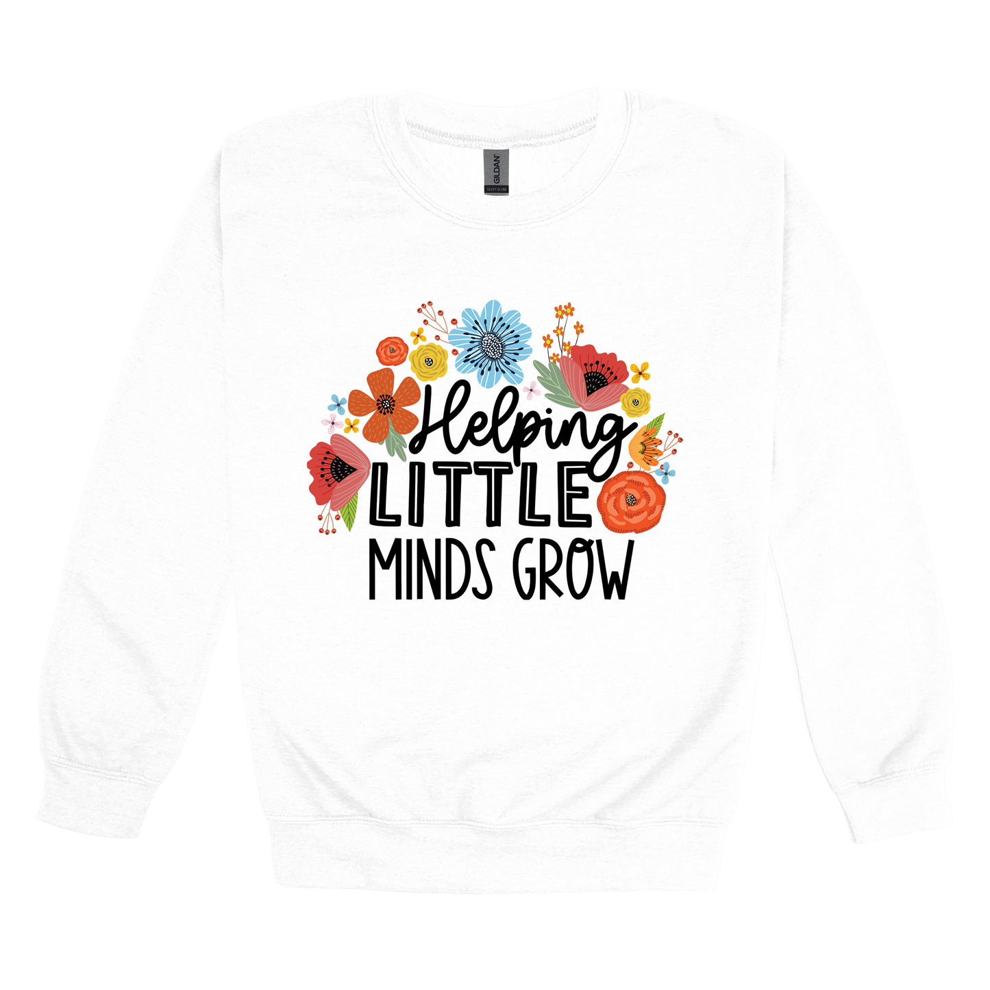 Helping Little Minds Grow Apparel design on adult crewneck in white, front view.