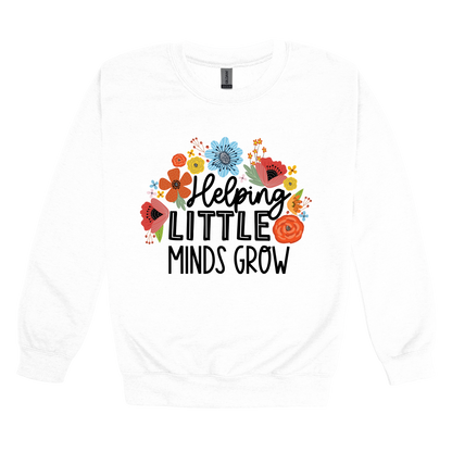 Helping Little Minds Grow Apparel design on adult crewneck in white, front view.
