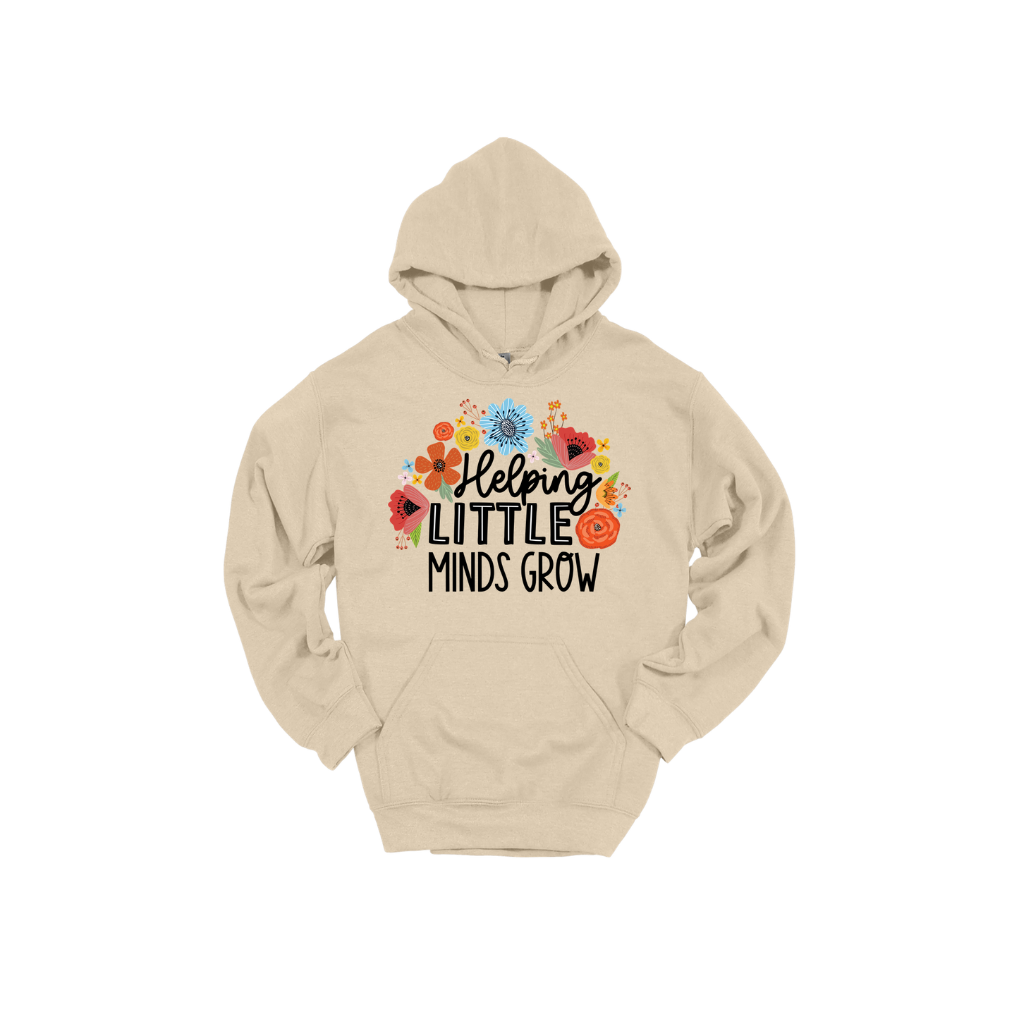 Helping Little Minds Grow Apparel design on adult hoodie in tan, front view.