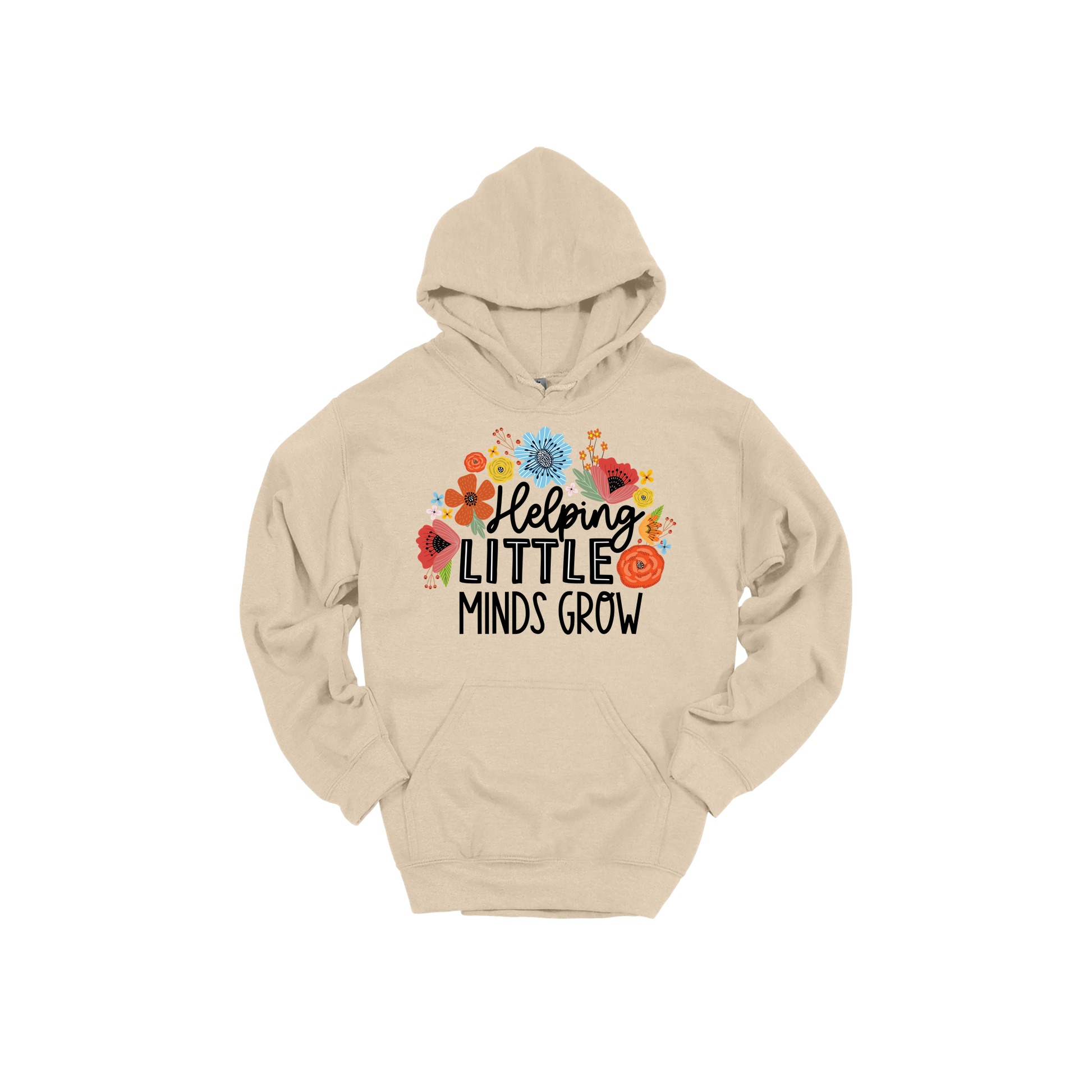 Helping Little Minds Grow Apparel design on adult hoodie in tan, front view.