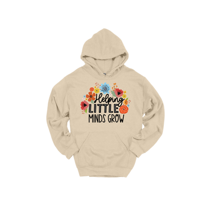 Helping Little Minds Grow Apparel design on adult hoodie in tan, front view.