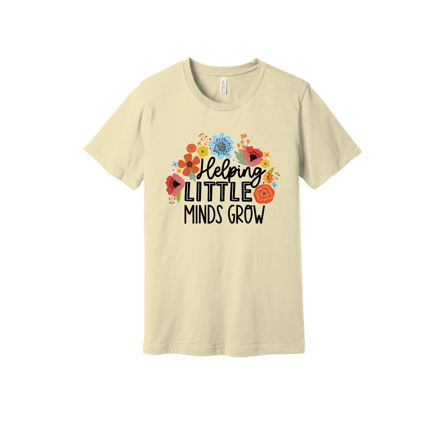Helping Little Minds Grow Apparel design on adult tee in tan, front view.