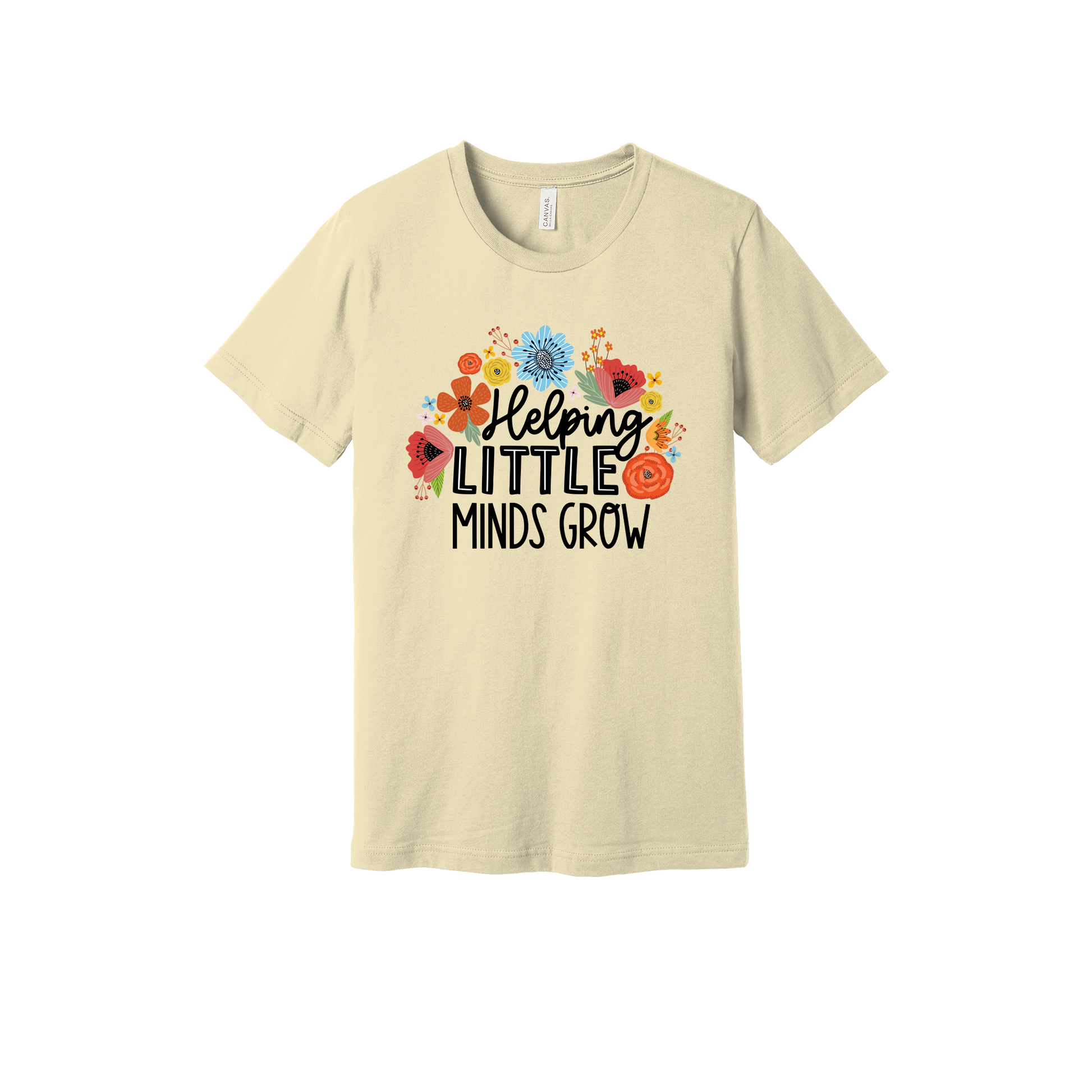 Helping Little Minds Grow Apparel design on adult tee in tan, front view.