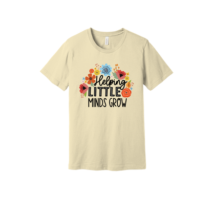 Helping Little Minds Grow Apparel design on adult tee in tan, front view.