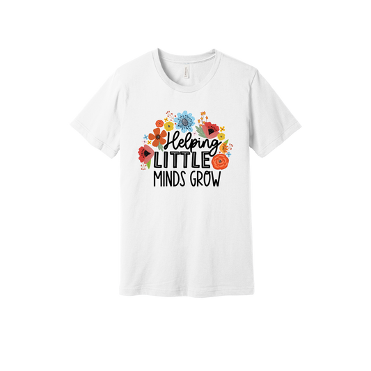 Helping Little Minds Grow Apparel design on adult tee in white, front view.