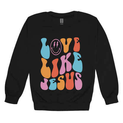 Love Like Jesus Apparel design on adult crewneck in black, front view.
