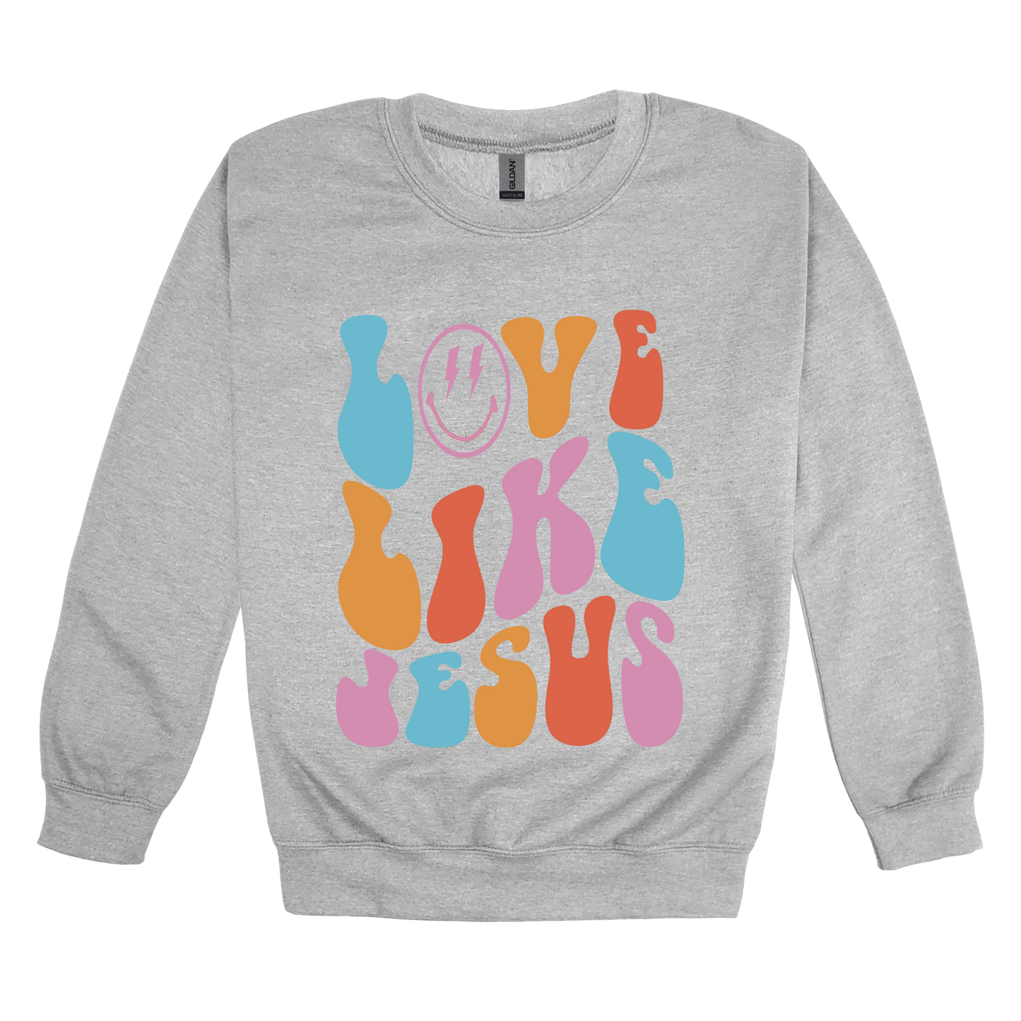 Love Like Jesus Apparel design on adult crewneck in gray, front view.