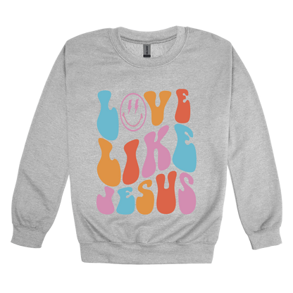 Love Like Jesus Apparel design on adult crewneck in gray, front view.