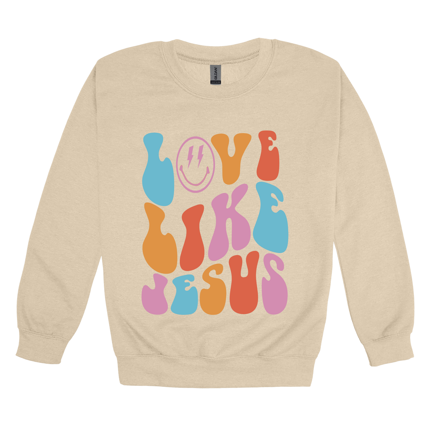Love Like Jesus Apparel design on adult crewneck in tan, front view.