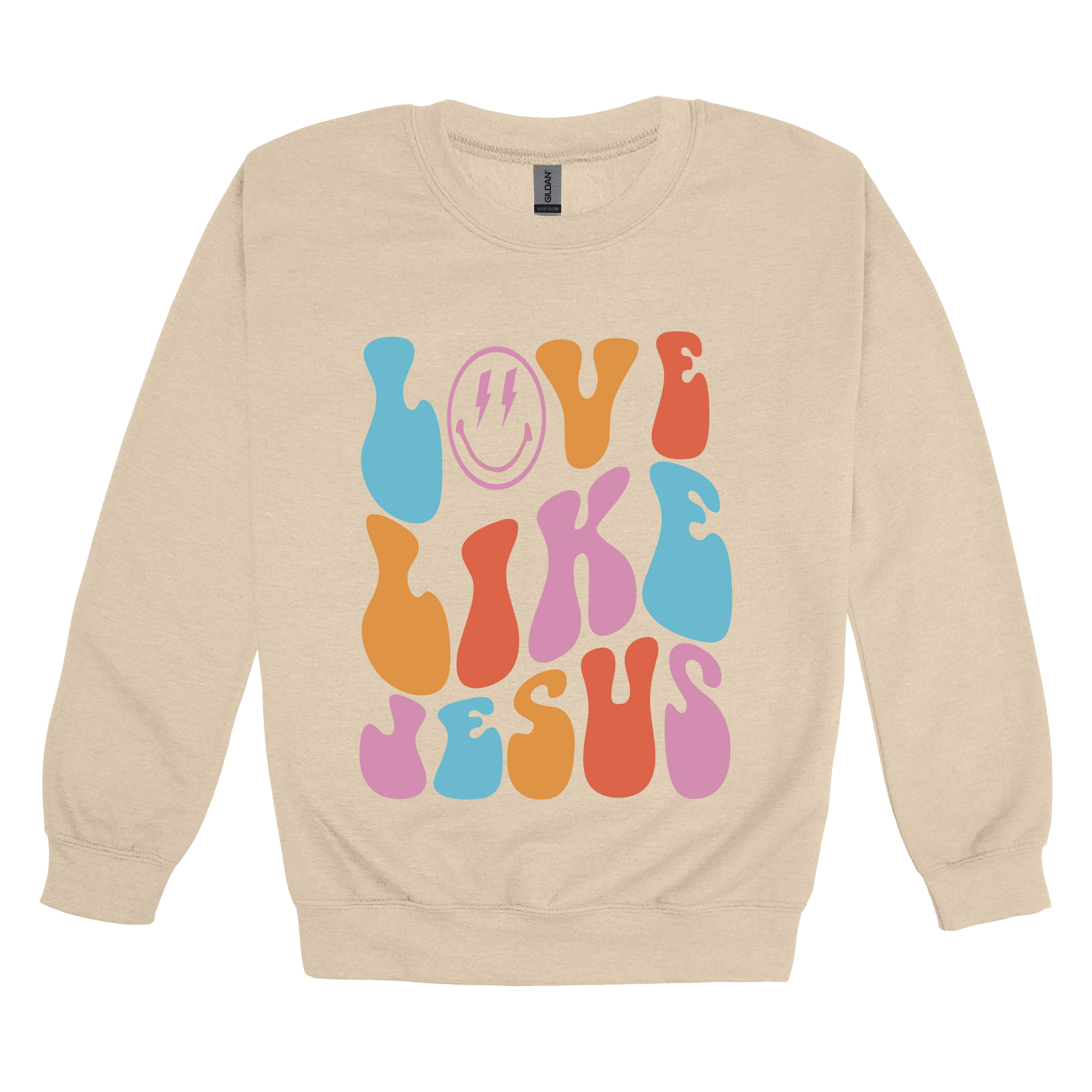 Love Like Jesus Apparel design on adult crewneck in tan, front view.