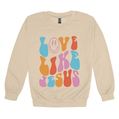 Love Like Jesus Apparel design on adult crewneck in tan, front view.