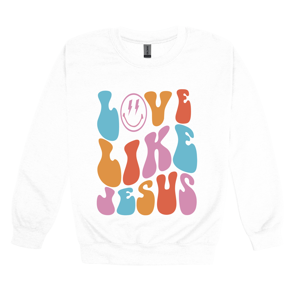 Love Like Jesus Apparel design on adult crewneck in white, front view.