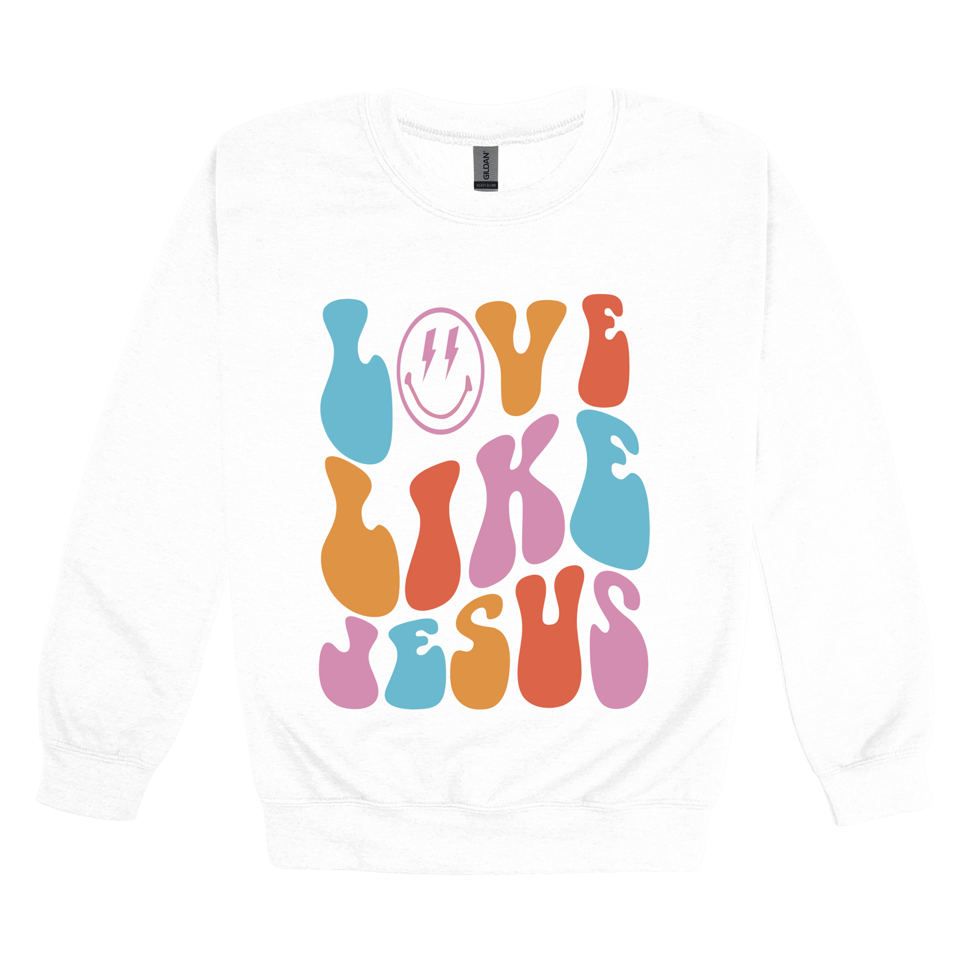 Love Like Jesus Apparel design on adult crewneck in white, front view.