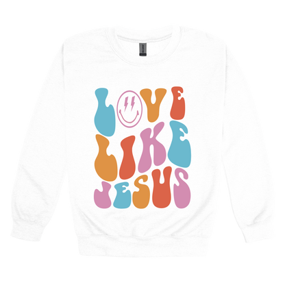 Love Like Jesus Apparel design on adult crewneck in white, front view.