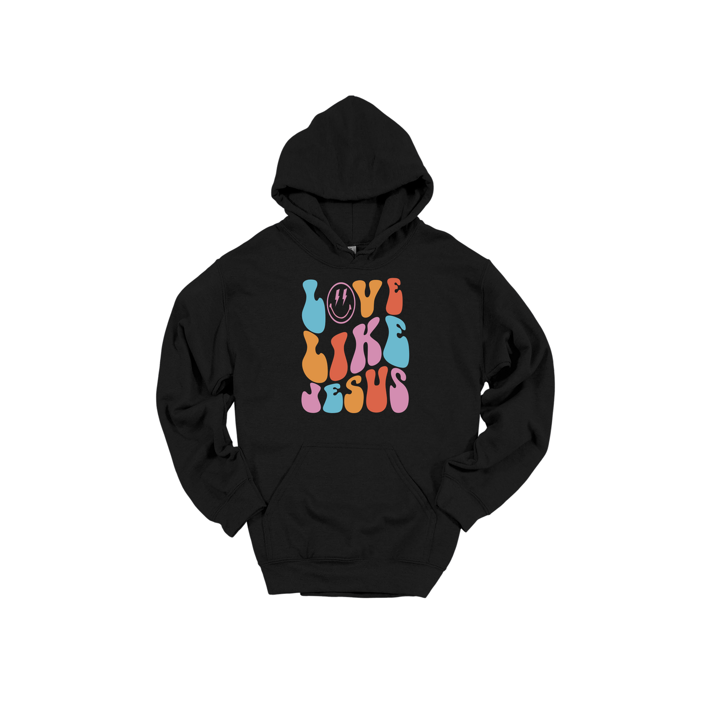 Love Like Jesus Apparel design on adult hoodie in black, front view.