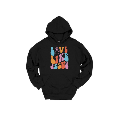 Love Like Jesus Apparel design on adult hoodie in black, front view.