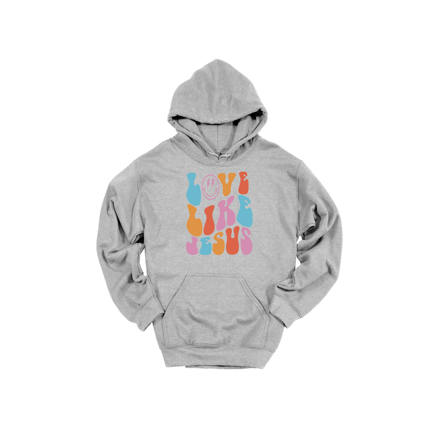 Love Like Jesus Apparel design on adult hoodie in gray, front view.