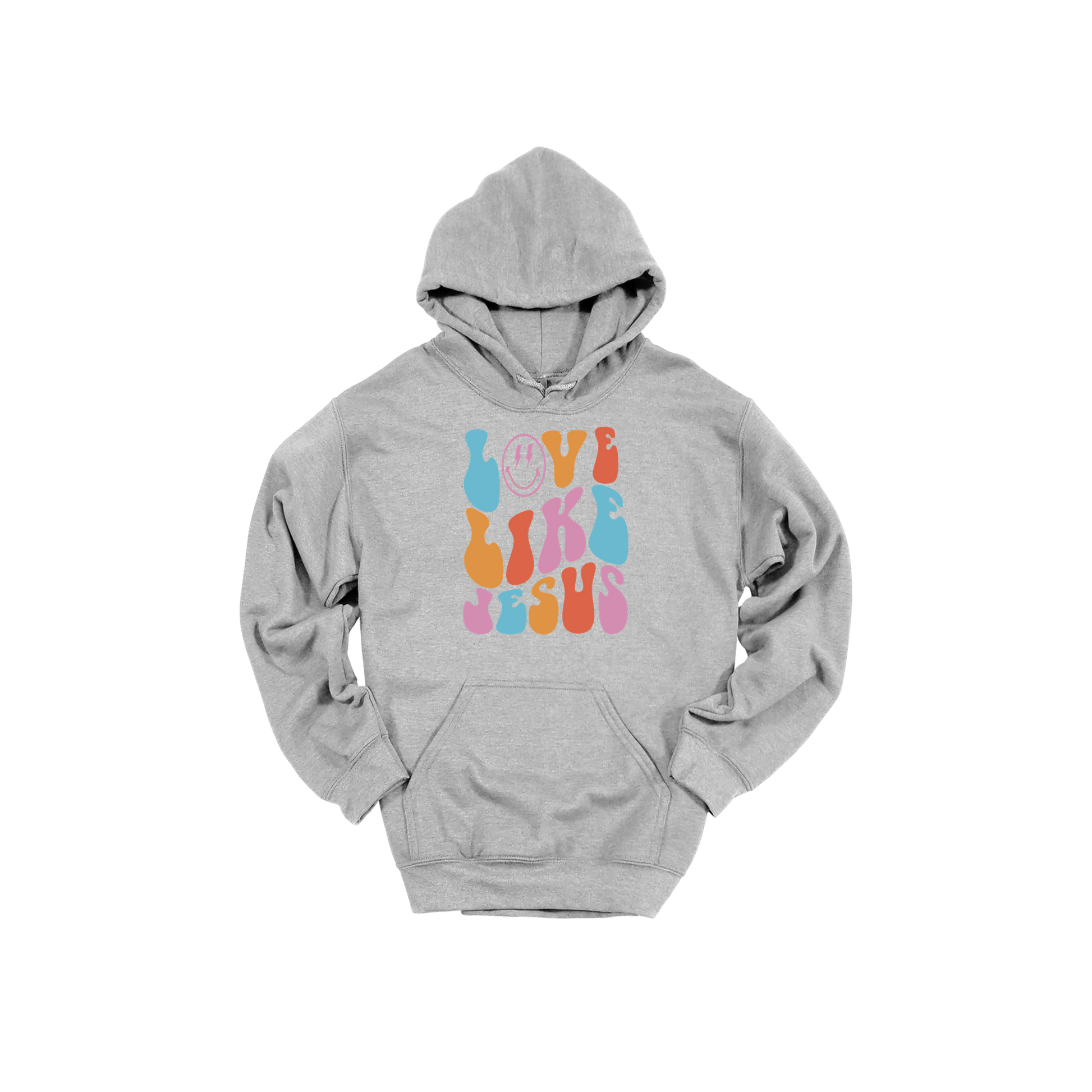 Love Like Jesus Apparel design on adult hoodie in gray, front view.