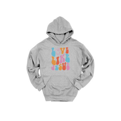 Love Like Jesus Apparel design on adult hoodie in gray, front view.