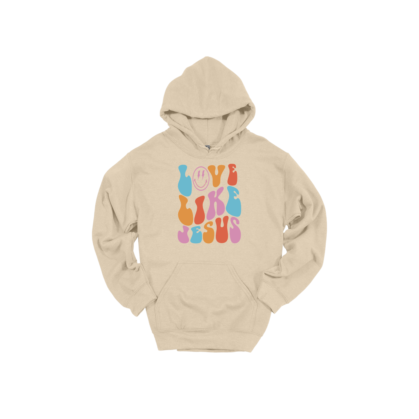 Love Like Jesus Apparel design on adult hoodie in tan, front view.
