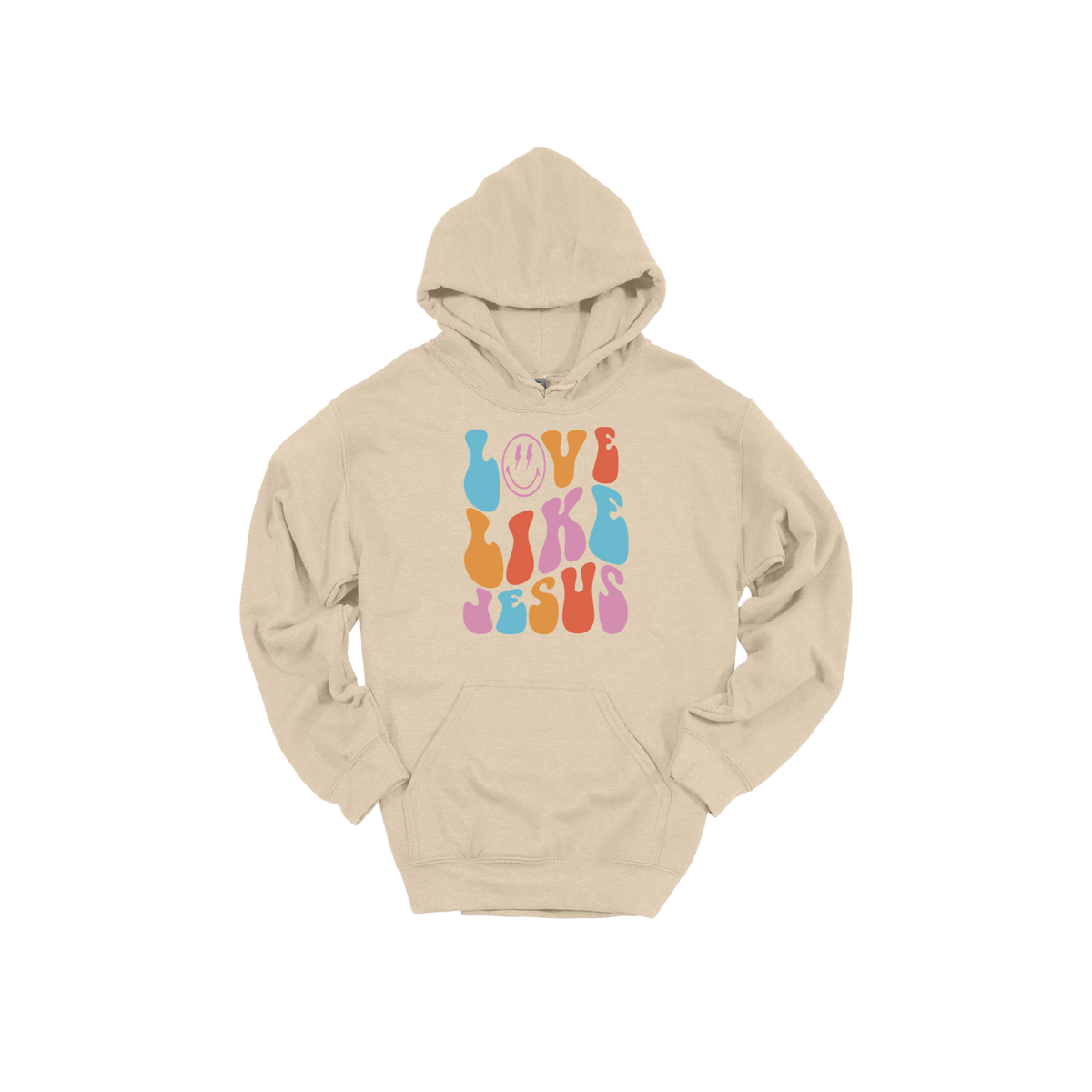 Love Like Jesus Apparel design on adult hoodie in tan, front view.