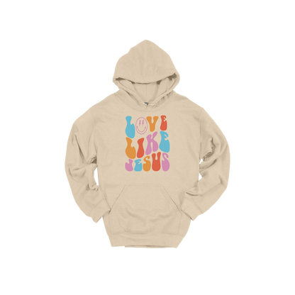 Love Like Jesus Apparel design on adult hoodie in tan, front view.